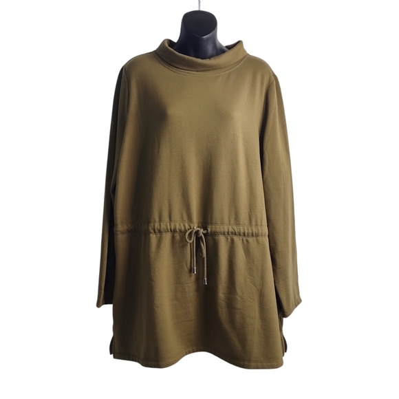 Denim & Co. Active Women's Green Mock Neck Tie Waist Fleece Lined Top Size XL - Picture 1 of 8